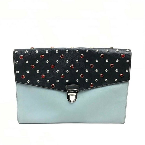 PRADA Safiano Bijoux x Studs Clutch Black/Light Bl - Picture 1 of 11